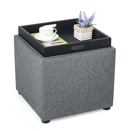Adeco 17 inch Square Storage Ottoman with Reversible Tray Top, Linen Fabric Footrest Stool & Small Coffee Table for Living Room, Bedroom, and Dorm, Grey - color: Grey With Tray