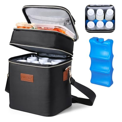 PIIOSER Breastmilk Cooler Bag with Ice Pack Fits 6 Baby Bottles Up to 9 Ounce, Insulated Baby Bottle Tote Bags, Double Layer Waterproof Leak-Proof with Shoulder Strap for Nursing &Working Mom - color: Black
