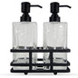 Square Glass Clear Lotion and Soap Pump Dispenser Set with Metal Stand Caddy for Bathroom Bath Kitchen Home Office Travel Hotel Hand Crafted Heavy Weight Matte Black - color: Black