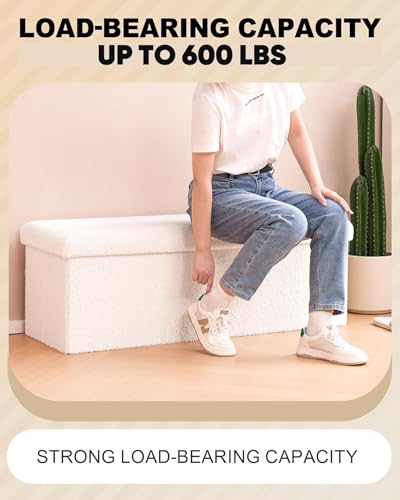 B FSOBEIIALEO Small Storage Ottoman Cube Sherpa Ottomans Foot Rest, Foldable Boucle Ottoman Bench, Faux Teddy Fur, Cream White 43.3"x15"x15" - color: White, size: 43.3"x15"x15"