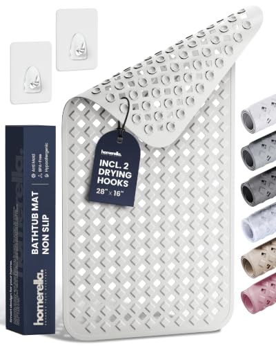 Bathtub Mat Non Slip 28x16 - homerella® Bath Mat Incl. Hooks for Drying, 100% BPA Free, Shower Mat Non Slip Anti Mold, Machine Washable, Shower Mats for Inside Shower Mildew Resistant (White) - color: White, size: 27.6" x 15.7" (Rectangular)