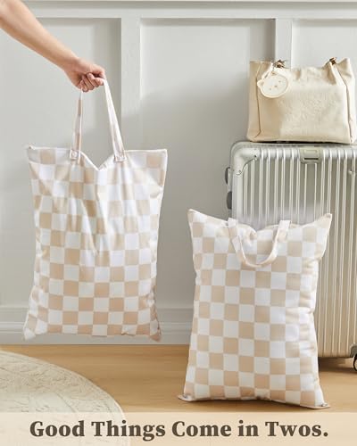 Ohocut Checkered 2 Pcs Large Travel Laundry Bags for Dirty Clothes, Aesthetic Trendy Waterproof Washable Laundry Bag with Handle for Travel, Gym, Swimming Pool, Beige - color: Beige