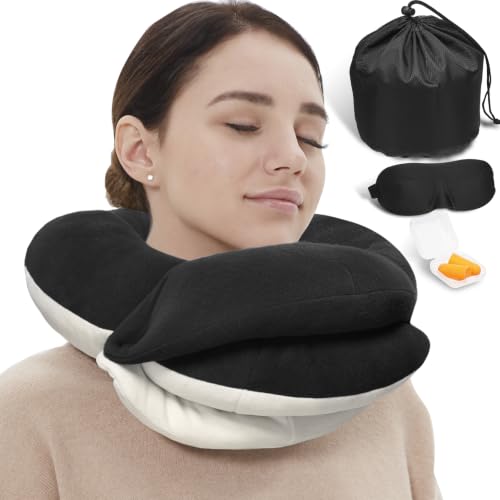 BUYUE Travel Neck Pillows for Airplanes, Memory Foam 360° Head Support Sleep for Long Flight, Skin-Friendly & Breathable, Kit with Eye Mask, Earplugs and Storage Bag (Adult, Black, 90+ lbs) - color: Black, size: Adult