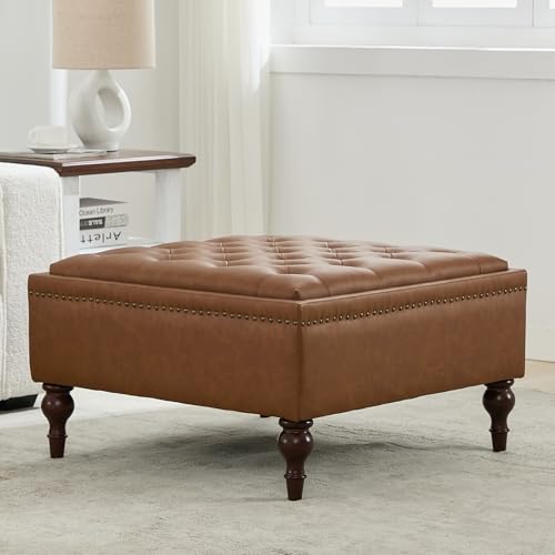 Storage Ottoman Coffee Table, Large Ottoman with Storage Oversized Square Footstool with Anti-Slip Embedded Lid, Tufted Upholstered Ottomans for Living Room, Brown Faux Leather - color: Brown