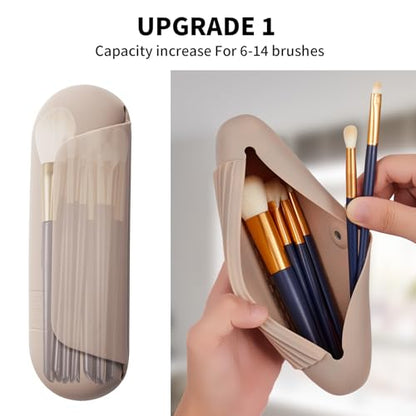 AGIKET 2 IN 1 Silicone Makeup Brush Holder with Beauty Make Up Sponge Holder Case：Soft Portable Cosmetic Face Brushes Holder with Upgrade Anti-Fall Out Magnetic Closure - Walnut - color: A-Walnut, style: Brush Holder & Case