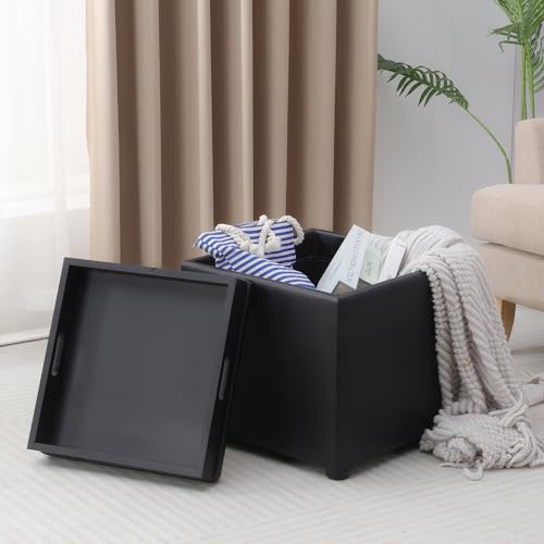 Adeco 17" Black Storage Ottoman Cube with Tray Lid, Small Footstool with Storage, Square End Table for Living Room & Bedroom - color: Black Leather With Tray