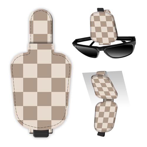 Leather Magnetic Sunglass Holder for Car Sun Visor, Cute Eyeglass Ticket Card Hanger Clip, Universal Auto Interior Accessories for SUV Pickup Truck Light Brown Checker - color: Light Brown Checker
