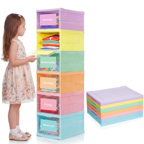 Gerrii 6 Shelf Daily Weekly Clothes Organizer for Kids Foldable Weekly Closet Organizer Storage Box with Door Plastic Closet Storage for Boys and Girls Monday Through Friday Essential Stuff(Pastel) - color: Pastel
