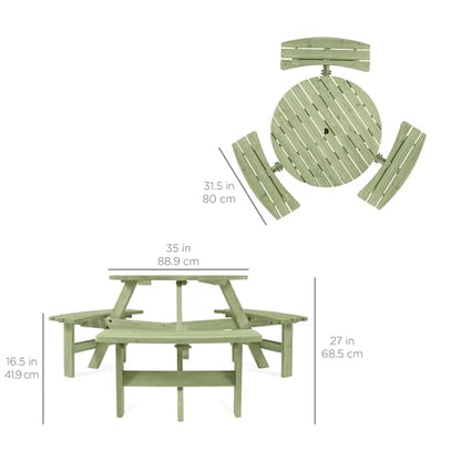 Best Choice Products 6-Person Circular Outdoor Wooden Picnic Table for Patio, Backyard, Garden, DIY w/ 3 Built-in Benches, 500lb Capacity - Sage Green - color: Sage Green