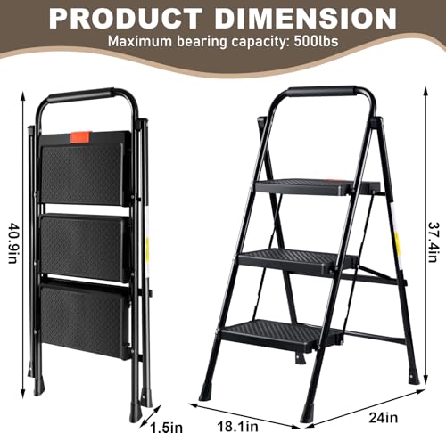 Valeo 3 Step Ladder, 3 Step Ladder for Adults with with Safe-Lock Design, Wide Anti-Slip Pedal, 500lbs Sturdy Steel Ladder, Step Stool Foldable with Cushioned Handle,Black - style: 3 Step Ladder