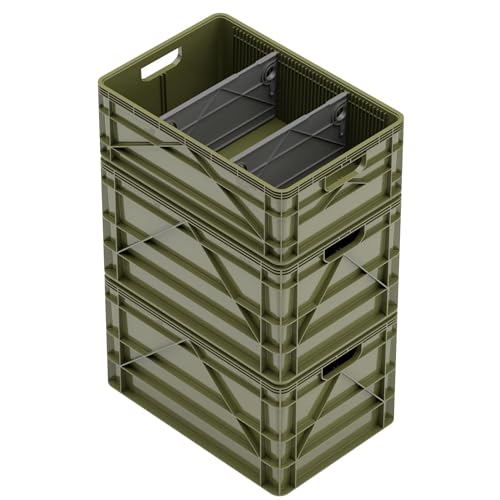 SIDIO Crate Basic Pack - 2 Full-Size & 1 Half-Size Heavy Duty Stackable Storage Bins, Totes and Containers with Dividers - Durable Plastic Organizer for Home, Office, Garage, and Outdoor Use, Green - color: Green