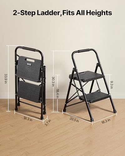 VEVOR 2 Step Ladder, Folding Step Stool with Wide Anti-Slip Pedal and Comfort Handgrip, Lightweight 600 lbs Capacity Portable Steel Ladder, Multi-Use for Kitchen, Home, Household and Office, Black - size: 18.3x20.5x30.3in/465x520x770mm(Expanded)