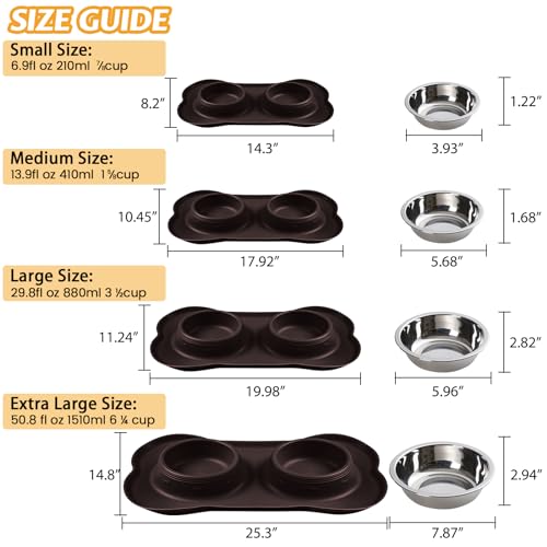 Hubulk Pet Dog Bowls 2 Stainless Steel Dog Bowl with No Spill Non-Skid Silicone Mat + Pet Food Scoop Water and Food Feeder Bowls for Feeding Small Medium Large Dogs Cats Puppies (Small, Chocolate) - color: Chocolate, size: Small