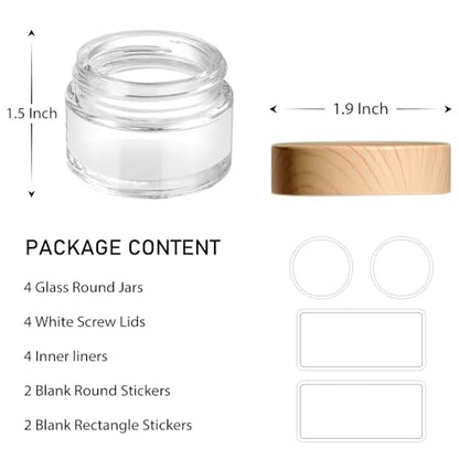 1 oz Glass Jars with Lids, Small Glass Containers with Plastic Woodgrain Lids & Inner Liners, Reusable Travel Containers for Creams, Makeup, Lotion, Cosmetic 4 pack - color: Clear-4 Pack-1oz