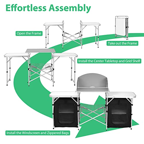 GYMAX Folding Camping Table, Portable Kitchen Table with 2 Zipper Organizer Shelf & Wind Screen, Foldable Cooking Table for Camping Hiking Picnic BBQ (Black) - color: Black