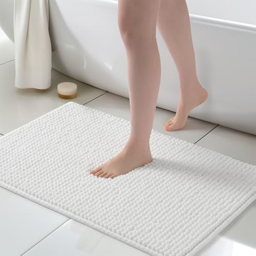 FRESHMINT Thick Chunky Chenille Bathroom Rug, 24"x36", Non Slip Bath Mat, Soft Bathroom Decor, Cute Shower Mat, Water Absorbent, Washable, Bright White - color: Bright White, size: 36" x 24"