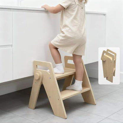 Wooden 2 Step Stool for Toddler Kids Bathroom Foldable 2-Step for Toilet Potty Training, Child Stepping Stool for Kitchen Nursery Bedroom - color: Wooden