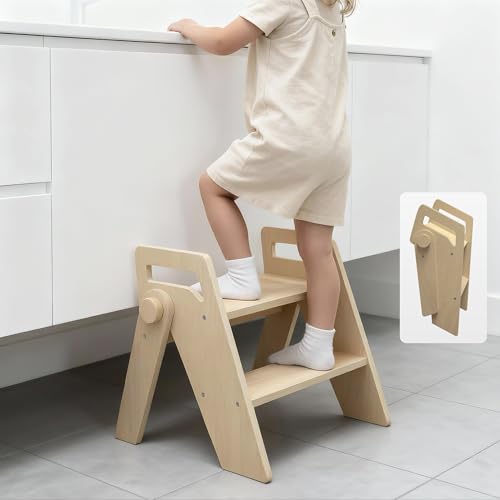 Wooden 2 Step Stool for Toddler Kids Bathroom Foldable 2-Step for Toilet Potty Training, Child Stepping Stool for Kitchen Nursery Bedroom - color: Wooden