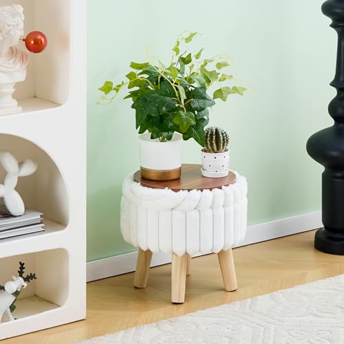 Wimarsbon Storage Ottoman, Modern Round Footrest with Soft Padded Seat, Teddy Velvet Footstool with Wood Legs, Accent Small Table or Plant Stand for Hallway, Living Room (White) - color: White