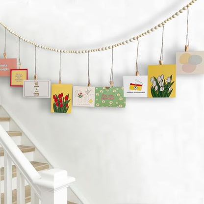 Kuailiahai 2pcs Hanging Photo Display Wooden Beads Wall Decor with 18 Wooden Clips, 57inches Boho Clip Photo Holders for Bedroom, Living Room Decor, Teen Girl Gifts