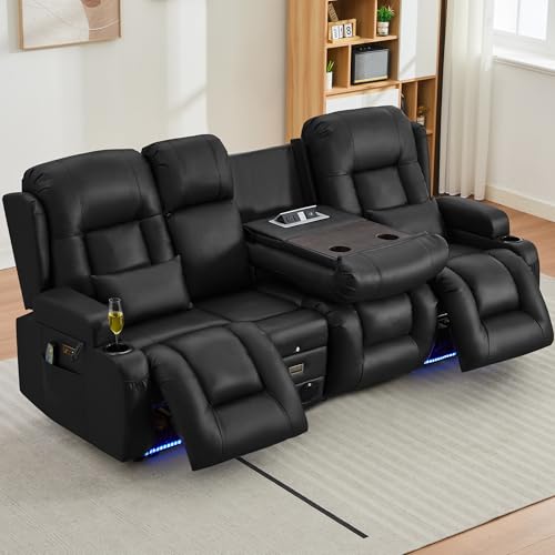 URRED Power Loveseat Recliner Sofa with Massage and Heat, Wall Hugger Reclining Loveseat with Console, RV Couch Home Theater Seating with LED Lights for Living Room (Black, 89.8" - 3 Seats) - color: Black, size: 89.8" - 3 Seats