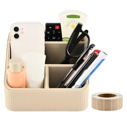 Remote Control Holder, Small Nightstand Organizer with 4 Compartments, PU Leather Desk Caddy, Multifunctional Bedside Desktop Organizers with Label Stickers(COLOR:Beige)
