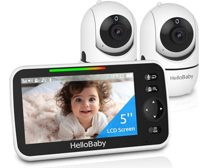 HelloBaby Upgrade 5’’ Baby Monitor with 30-Hour Battery, 2 Cameras Pan-Tilt-Zoom, 1000ft Range Video Audio Baby Monitor No WiFi, VOX, Night Vision, 2-Way Talk, 8 Lullabies and Temperature - size: 5 inch (Dual Cam)