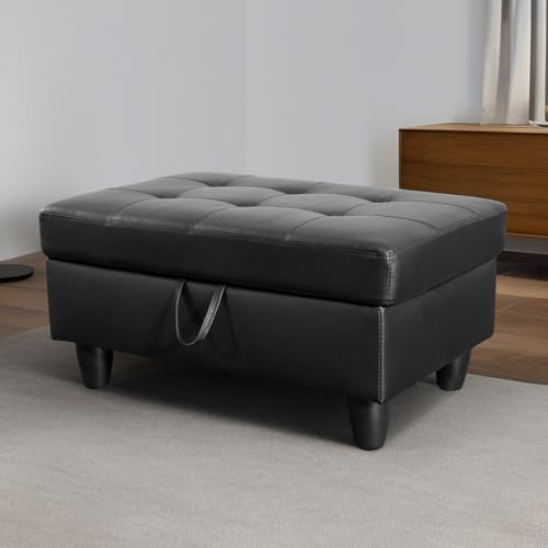Ottoman, Faux Leather Storage Ottoman Bench, Modern Black 33.5" Large Square Entryway Bench Ottoman with Storage for Living Room/Apartment/Bedroom/Rv Car,Black - color: Black, size: 33.5 inch