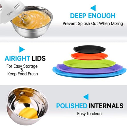 WEPSEN Mixing Bowls with Lid Set, 25PCS Kitchen Utensils Metal Bowl Stainless Steel Nesting Bowls, Measuring Cups and Spoons, Egg Whisk for Baking Prepping Cooking Serving Supplies - color: Colorful Bowls Set