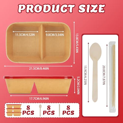 8 Pack 32oz Paper Lunch Box Bento Boxes, 2-Compartment Kraft Brown Paper Take Out Food Containers with Lids, Leakproof & Microwave Safe, Disposable To Go Boxes for Picnics, Offices, Catering, Red - color: Red Lid & Kraft Brown Box