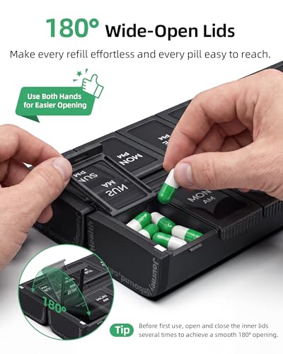 PULIV Weekly Pill Organizer 2 Times a Day with Magnetic Foldable Design for Dual Protection, Large AM PM Pill Box Case for Travel, Compact Medication Organizer for Vitamins, Fish Oils and Supplements