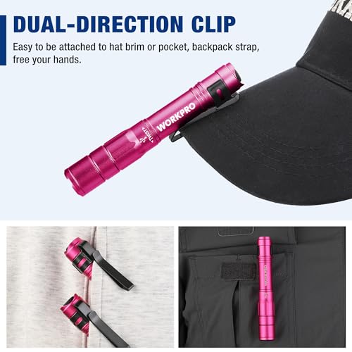 WORKPRO Rechargeable Pen Light, Mini Flashlight, 2 Pack Ultra-Compact EDC Flashlight, Pocket Flashlight with Clip, Memory Function and 2 x USB C Cable Included, Pink - color: Pink