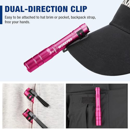 WORKPRO Rechargeable Pen Light, Mini Flashlight, 2 Pack Ultra-Compact EDC Flashlight, Pocket Flashlight with Clip, Memory Function and 2 x USB C Cable Included, Pink - color: Pink