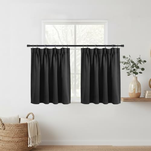 Lino Rosa Basement Window Curtains 18 Inch Length, Easy Sliding Pinch Pleated Small Panel, Blackout Insulated Basement Window Well Covers, 24" W x 18" L, Black - color: Black, size: 24"W x 18"L (Pack of 1)