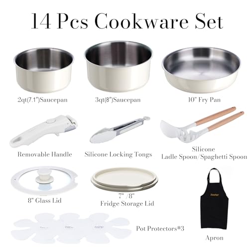 14 pcs Stainless Steel Cookware Set, Detachable Pots and Pans Set with Removable Handle, Non Toxic Space Saving RV Camping Cookware Set, Induction Cookware, Dishwasher & Oven Safe - size: 14 Pcs White