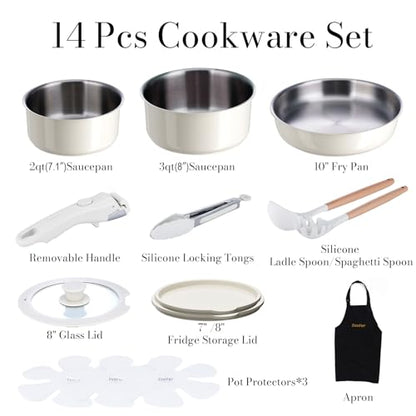 14 pcs Stainless Steel Cookware Set, Detachable Pots and Pans Set with Removable Handle, Non Toxic Space Saving RV Camping Cookware Set, Induction Cookware, Dishwasher & Oven Safe - size: 14 Pcs White