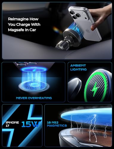 LISEN 15W MagSafe Car Mount Charger,[Carbon Fiber] Magnetic Wireless Car Charger, Dashboard & Air Vent Car Phone Mounts, Magnetic Phone Holder for Car Mount for iPhone 17/16/15/14/13/12, Samsung Pixel | Carbon Fiber 15W Magsafe Car Mount Charger, 2 in 1 D