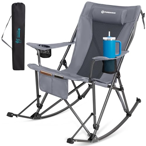 FUNDANGO Oversized Rocking Camping Chair for Adults, Portable Folding Lawn Chairs for Outside with Pillows, Wide Armrest, 2 Cup Holders, Carry Bag for Patio Garden Outdoor Supports 400Lbs (Grey) - color: Grey Rockease-1 Pack