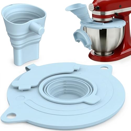 3-Piece Set: Silicone Flour Funnel & Bowl Cover for KitchenAid Mixer 4.5-5 Qt Tilt-Head, Splash Guard Lid with Foldable Measuring Cup for Dough Proofing & Mixing, KitchenAid Mixer Accessori（Blue) - color: Blue