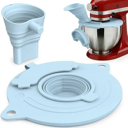 3-Piece Set: Silicone Flour Funnel & Bowl Cover for KitchenAid Mixer 4.5-5 Qt Tilt-Head, Splash Guard Lid with Foldable Measuring Cup for Dough Proofing & Mixing, KitchenAid Mixer Accessori（Blue) - color: Blue