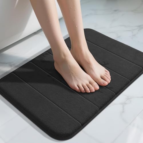 Yimobra Memory Foam Bath Mat, Super Soft Absorbent Bathroom Rug Non Slip, Quick Dry, Machine Washable Floor Carpet for Tub Shower, Home Decor Accessories, 24x17, Black - color: Black, size: 24" X 17"