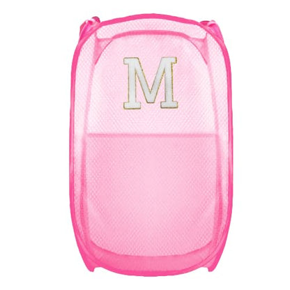 Collapsible Pop Up Laundry Hamper, Extra Large with Removable Initial Letter M, Mesh Foldable Laundry Basket, 28" x 16" x 16" (Pink) - color: 1P PinkM
