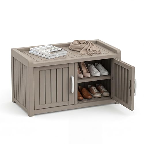 2-Tier Storage Bench, Waterproof UV-Resistant Outdoor Shoe Storage Cabinet, Outdoor Shoe Rack with 2 Doors & Adjustable Shelves for Indoor Outdoor Entryway, Hallway, Living Room (Grey) - color: Grey, size: Double doors