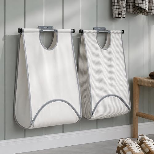 STORAGE MANIAC Wall Mount Laundry Hamper, 90L Hanging Laundry Bag with Bottom Zipper Opening, Space-Saving Dirty Clothes Hamper with Mounting Hardware for College, Dorm, RV, White