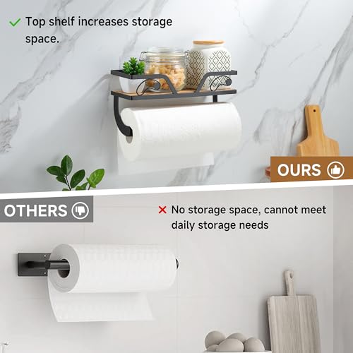 Farmhouse Paper Towel Holder with Emj Funny Memes Kitchen Organizer Shelf, Rustic Brown Wall Mount/Adhesive Hand Towel Roll Shelf & Spice Rack for Kitchen, Bathroom RV, Apartment