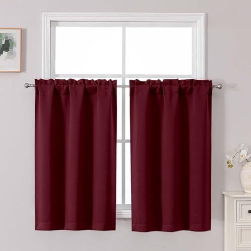 Chyhomenyc Short Burgundy Curtains 45 Inch Length, Small Kitchen Curtain Rod Pocket Half Window Curtains for Basement Cabinet Camper RV Bunk, 2 PCS, Each 30Wx45L, Burgundy - color: Burgundy, size: 30"W x 45"L (Pack of 2)