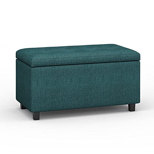 SIMPLIHOME Cosmopolitan Storage Ottoman - 34 inch Wide Upholstered Linen Look Fabric Rectangle Storage Ottoman Bench in Teal, Transitional Tufted Ottoman for Living Room or Entryway with Lift-Up Lid - color: Teal