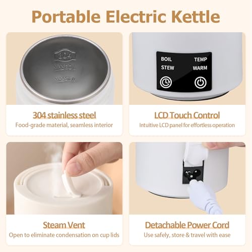Travel Electric Kettle 800mL Portable Kettle with Automatic Shut Off & 9 Temperature Control for Hot Water/Tea/Coffee/Milk, 304 Stainless Steel Water Boiler