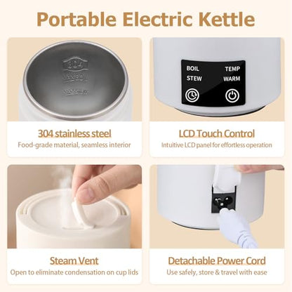 Travel Electric Kettle 800mL Portable Kettle with Automatic Shut Off & 9 Temperature Control for Hot Water/Tea/Coffee/Milk, 304 Stainless Steel Water Boiler