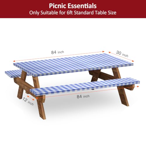 7ft Picnic Table and Bench Cover, Camping Essentials RV Gear, 84 in Waterproof Windproof Outdoor Elastic All Around Tablecloth, Fitted Rectangle Tables and Seats, Blue-White Checkered - color: Blue-white Checkered, size: 84"
